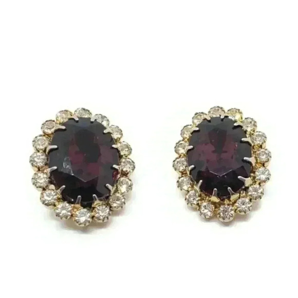 Vintage Earrings BIG PURPLE Faceted Rhinestone Clear Stones Clips Austria - Picture 3 of 7